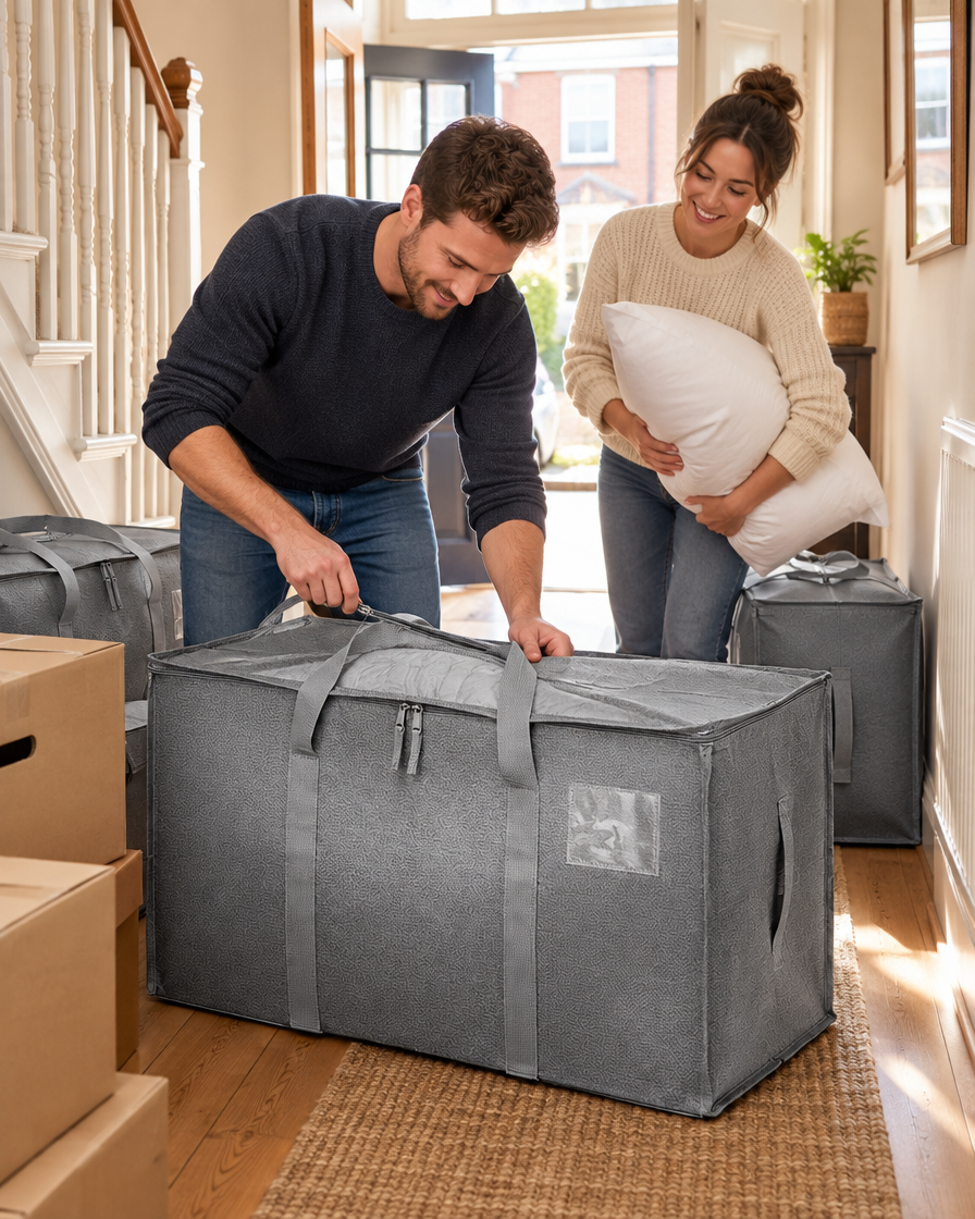 Packing a duvet into a grey Stowley storage bag on moving day