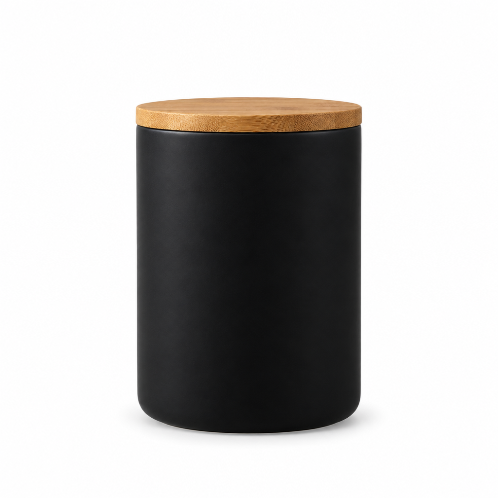 Airtight Ceramic Storage Jar with Wood Lid in Black Small