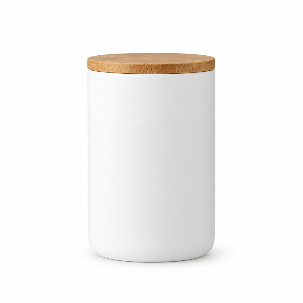 Airtight Ceramic Storage Jar with Wood Lid in White Small