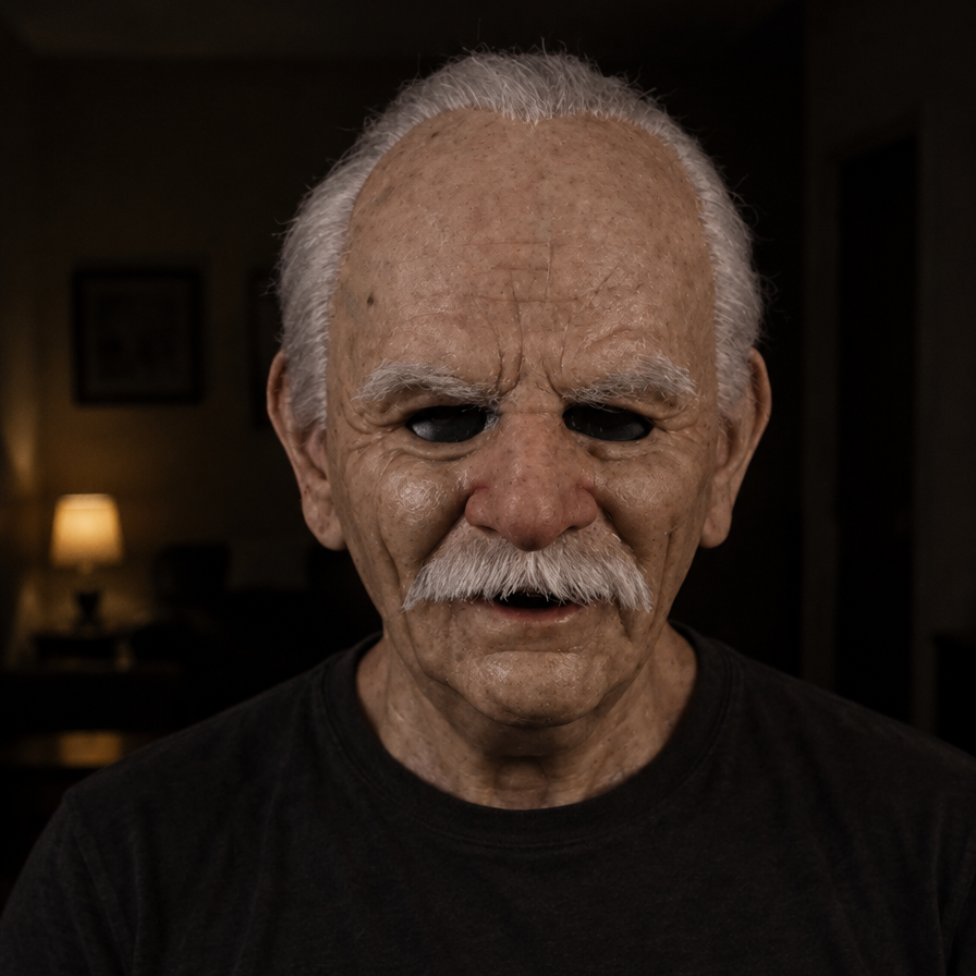 Realistic Full Face Latex Mask for Halloween & Cosplay in Old Man – White Hair & Moustache