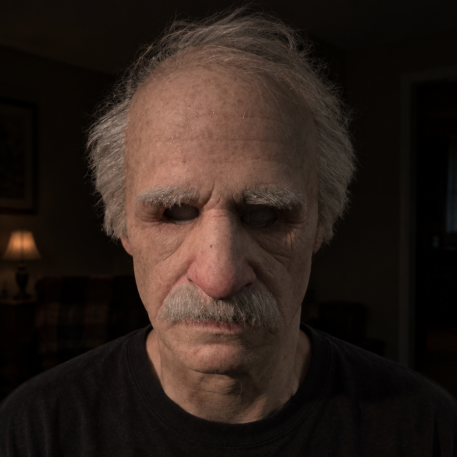 Realistic Full Face Latex Mask for Halloween & Cosplay in Old Man – Moustache, Cloudy Eyes
