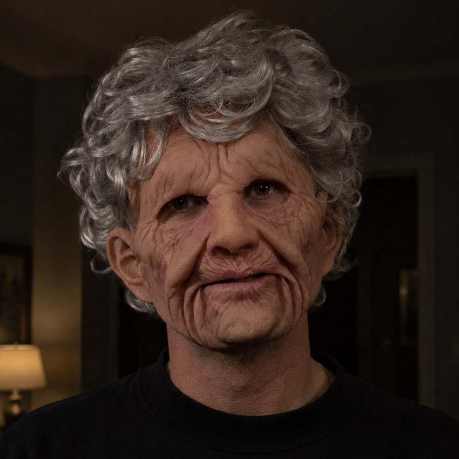 Realistic Full Face Latex Mask for Halloween & Cosplay in Old Woman/Man – Curly Grey Hair