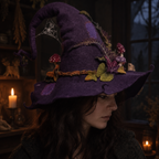 Woman wearing the Hexwood felt witch hat in Purple
