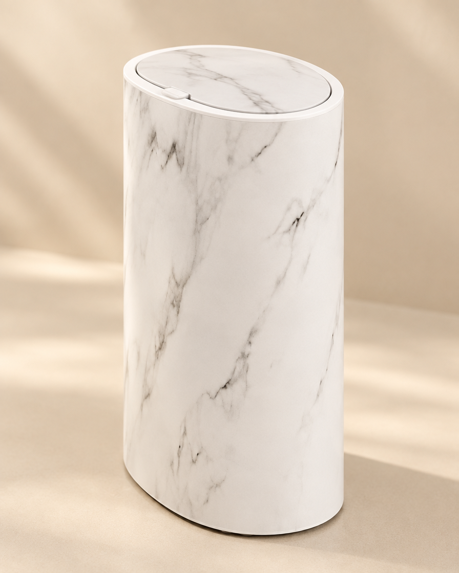 Compact Oval Bin with Lid in White Marble