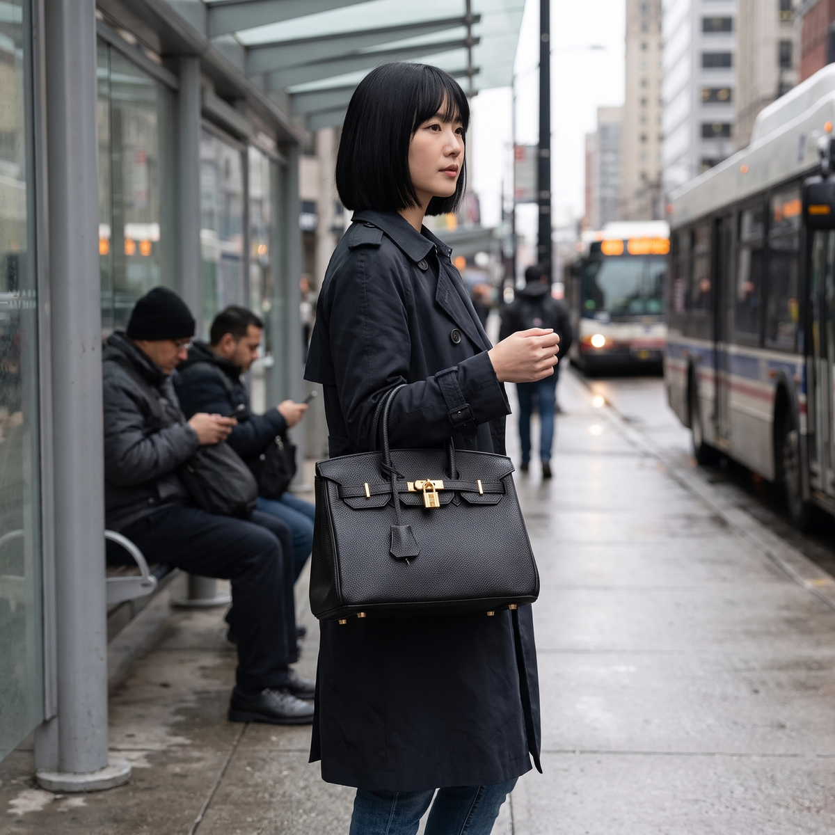 Structured Handbag with Textured Faux Leather & Gold-Tone Hardware, view 6