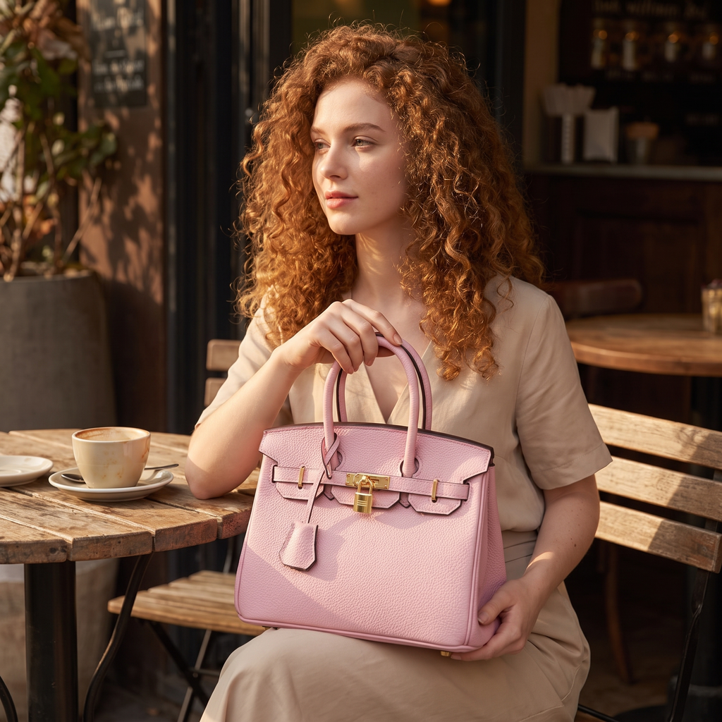 Structured Handbag with Textured Faux Leather & Gold-Tone Hardware, view 3