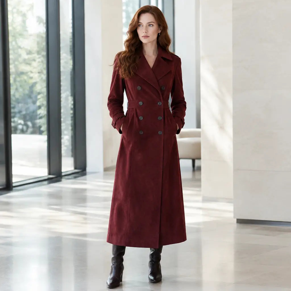 Belgravia women's long faux suede trench coat, view 5