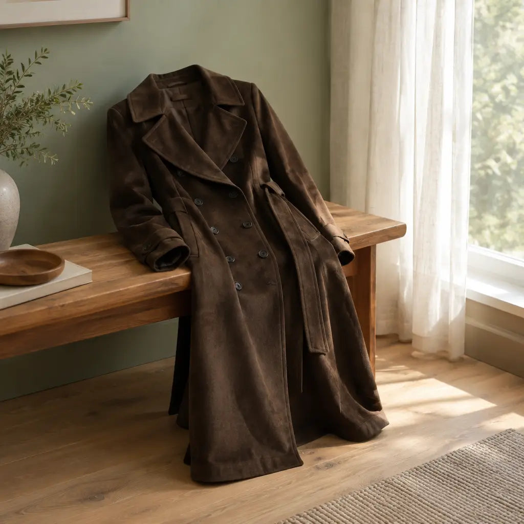 Belgravia women's long faux suede trench coat, view 2