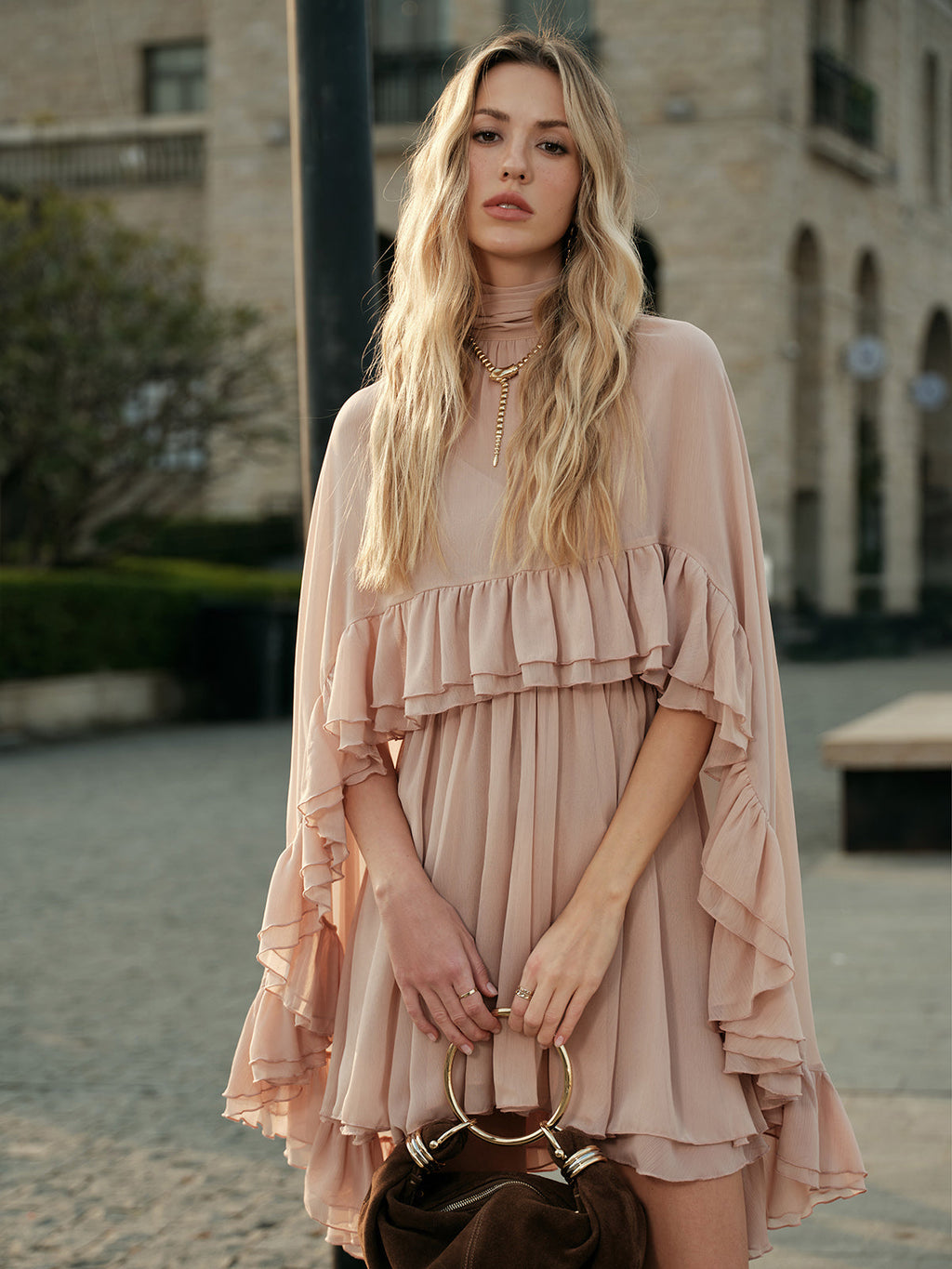 Larkspur women's blush chiffon ruffle dress