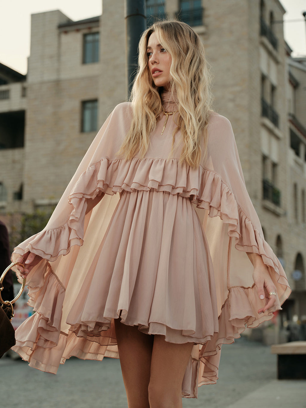 Larkspur women's blush chiffon ruffle dress, view 2