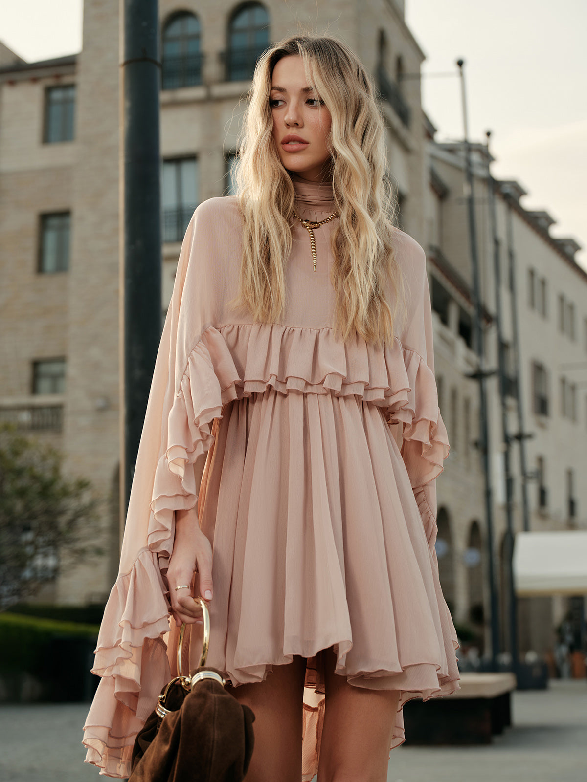 Larkspur women's blush chiffon ruffle dress, view 3