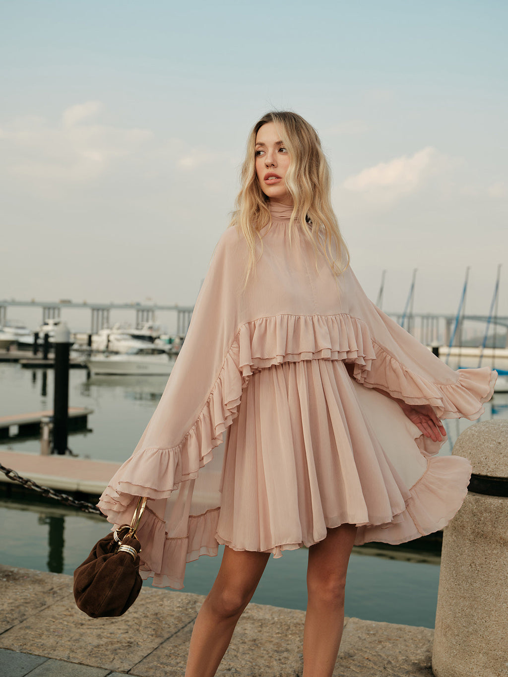 Larkspur women's blush chiffon ruffle dress, view 4
