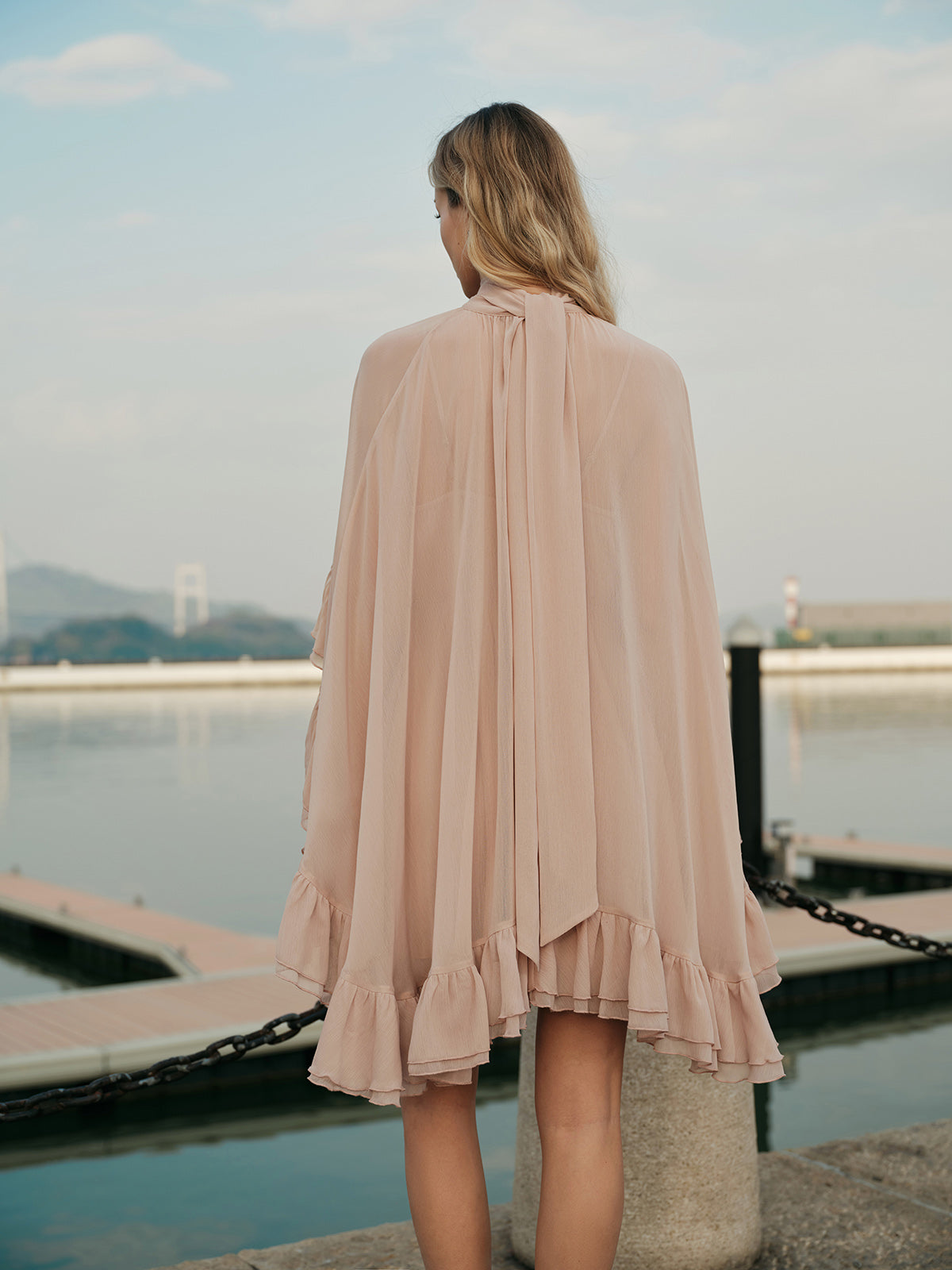 Larkspur women's blush chiffon ruffle dress, view 6