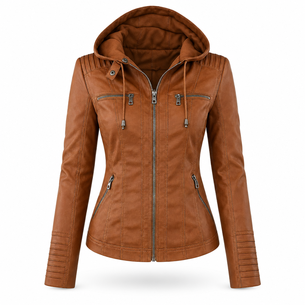 Sierra women's hooded faux leather jacket in Camel