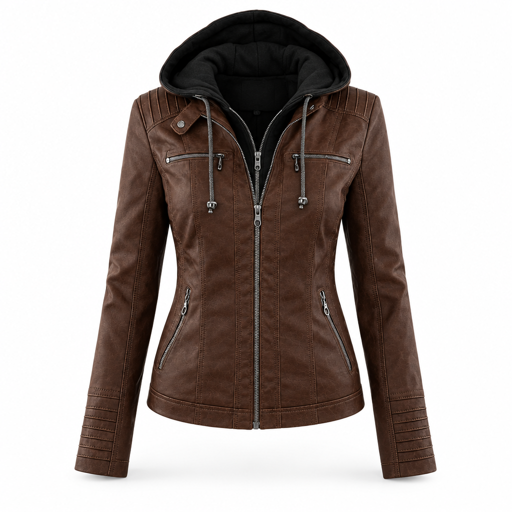Sierra women's hooded faux leather jacket in Brown