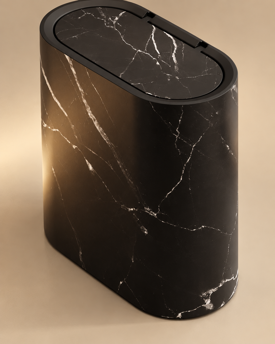 Compact Oval Bin with Lid in Black Marble