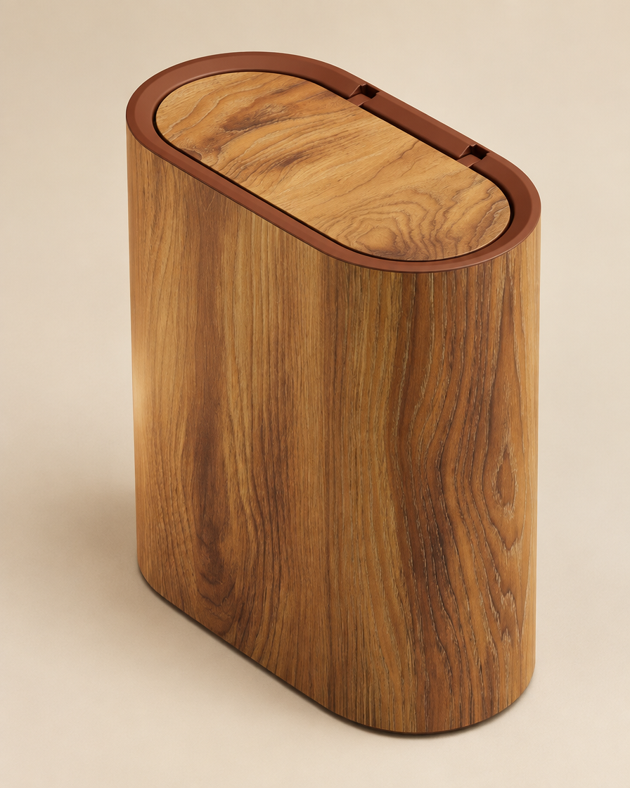 Compact Oval Bin with Lid in Wood Brown