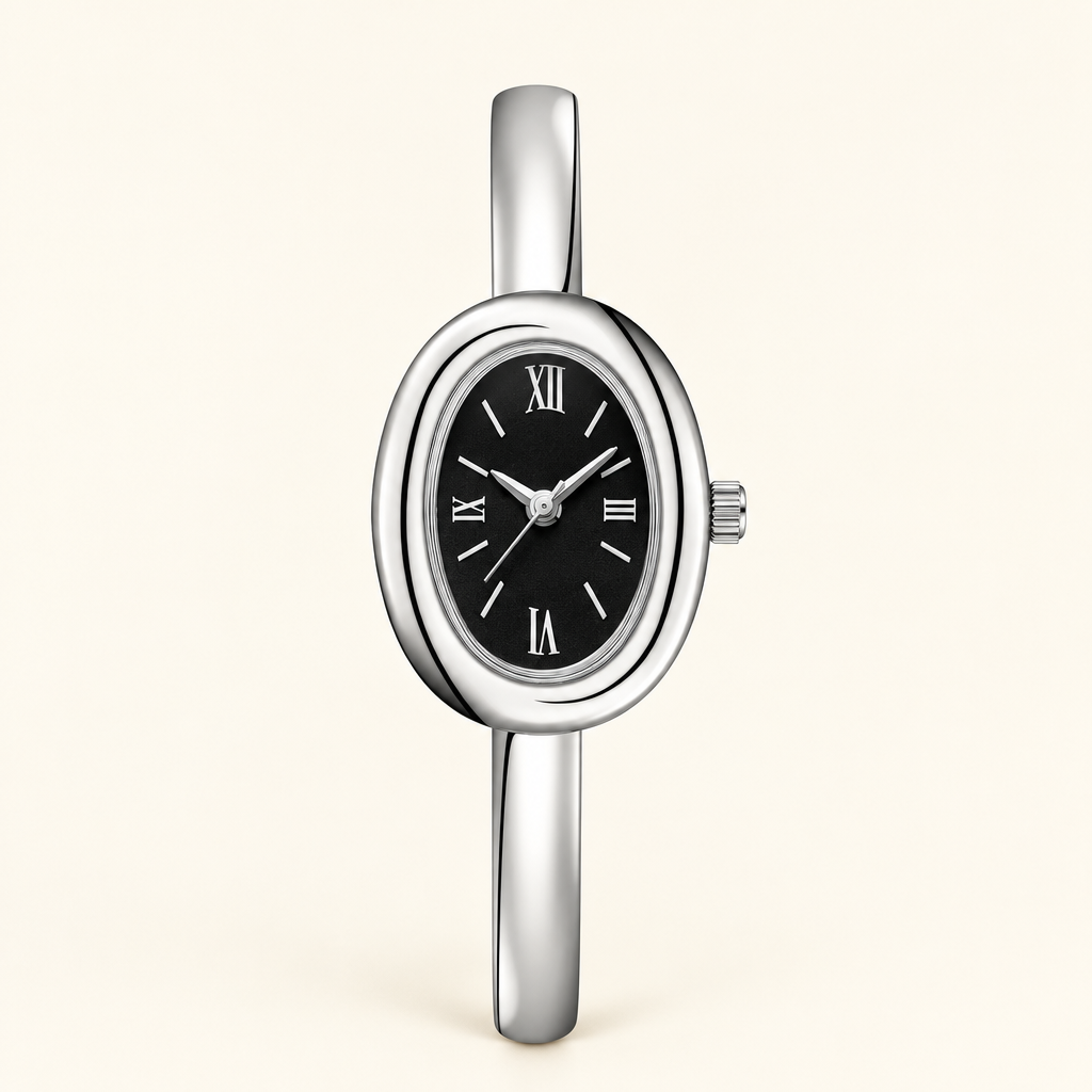 Aurora Oval Bangle Watch in Silver-Black
