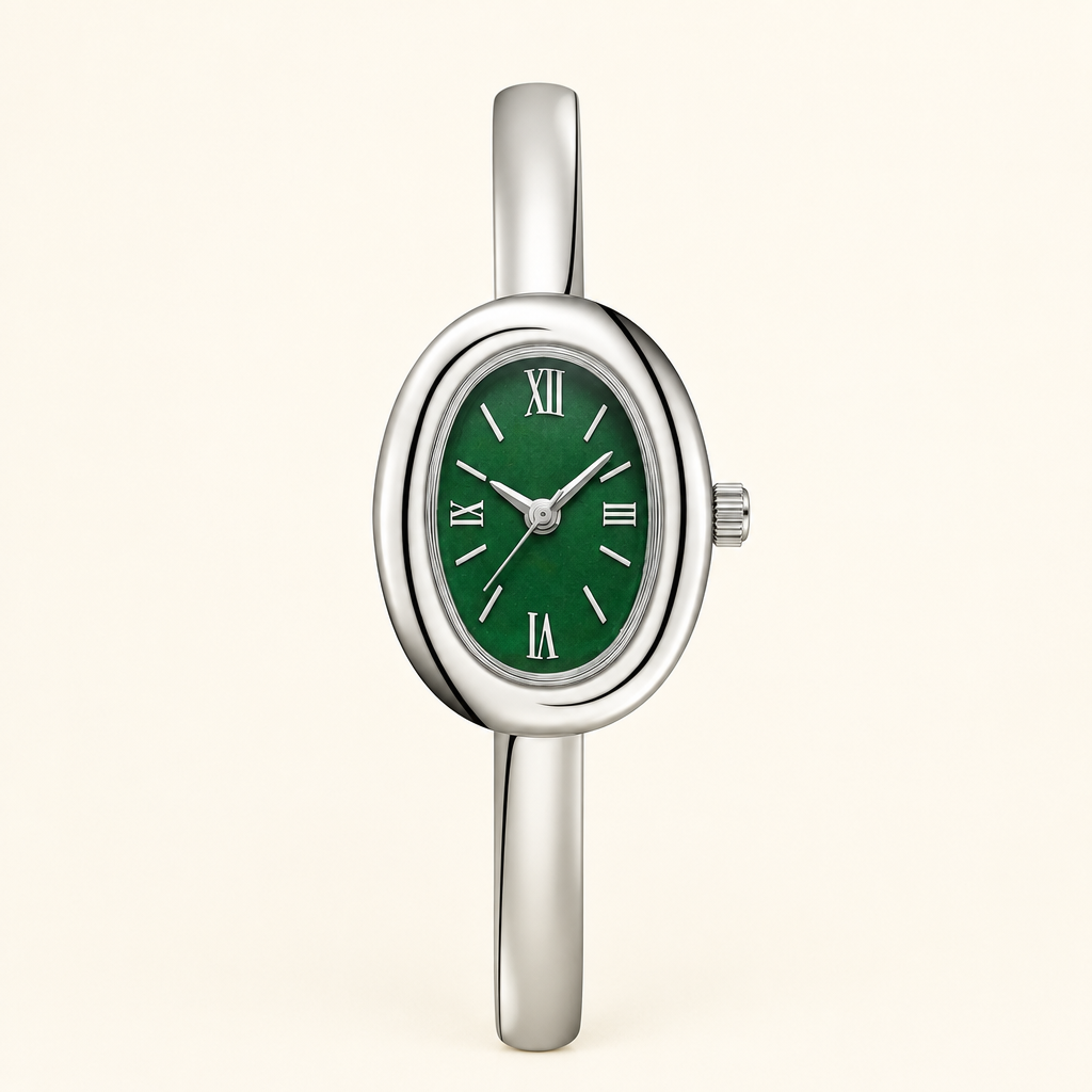 Aurora Oval Bangle Watch in Silver-Green