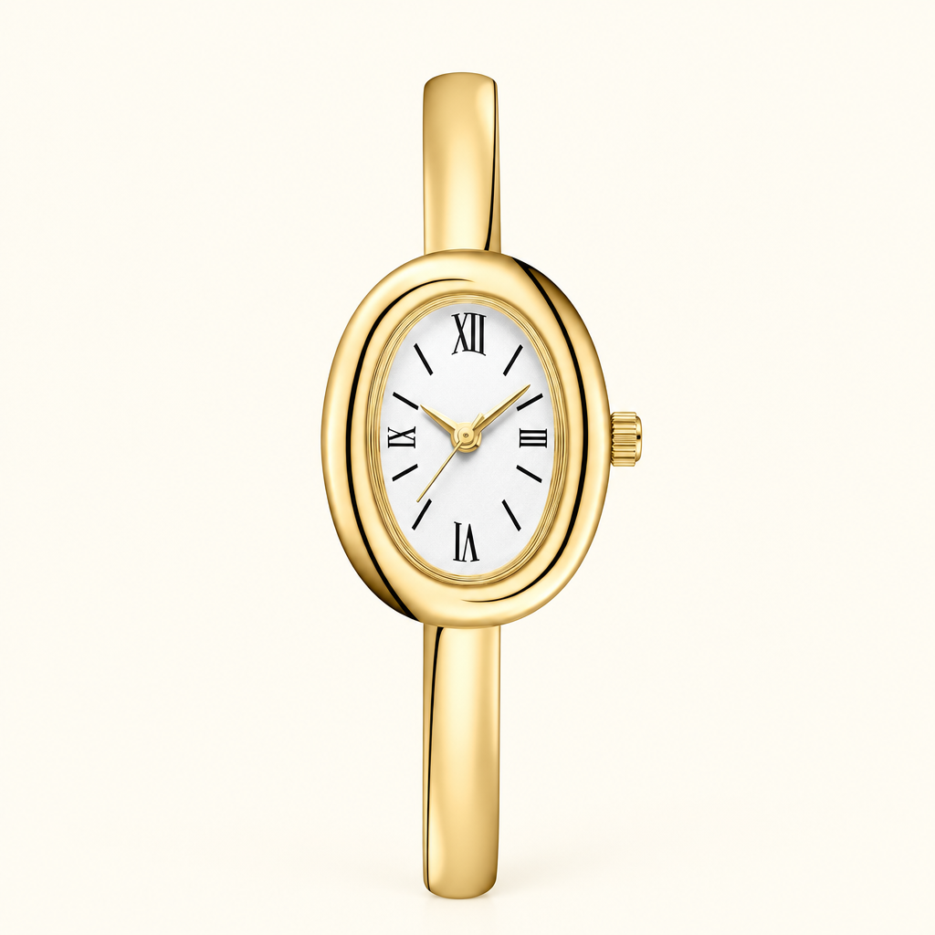 Aurora Oval Bangle Watch in Gold-White