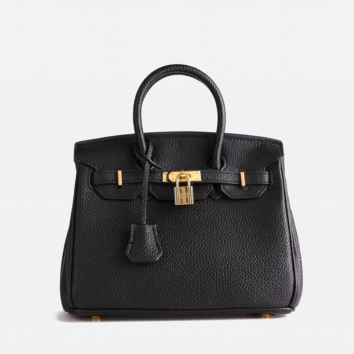 Structured Handbag with Textured Faux Leather & Gold-Tone Hardware in Black