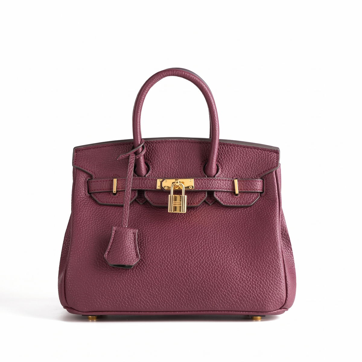 Structured Handbag with Textured Faux Leather & Gold-Tone Hardware in Bordeaux