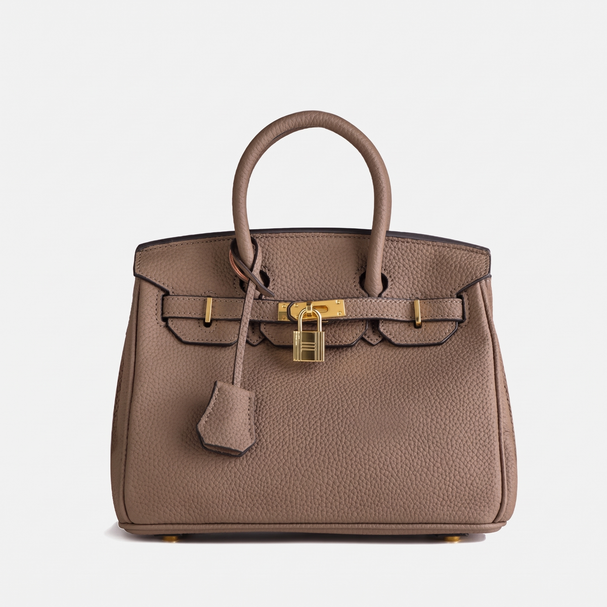 Structured Handbag with Textured Faux Leather & Gold-Tone Hardware in Khaki
