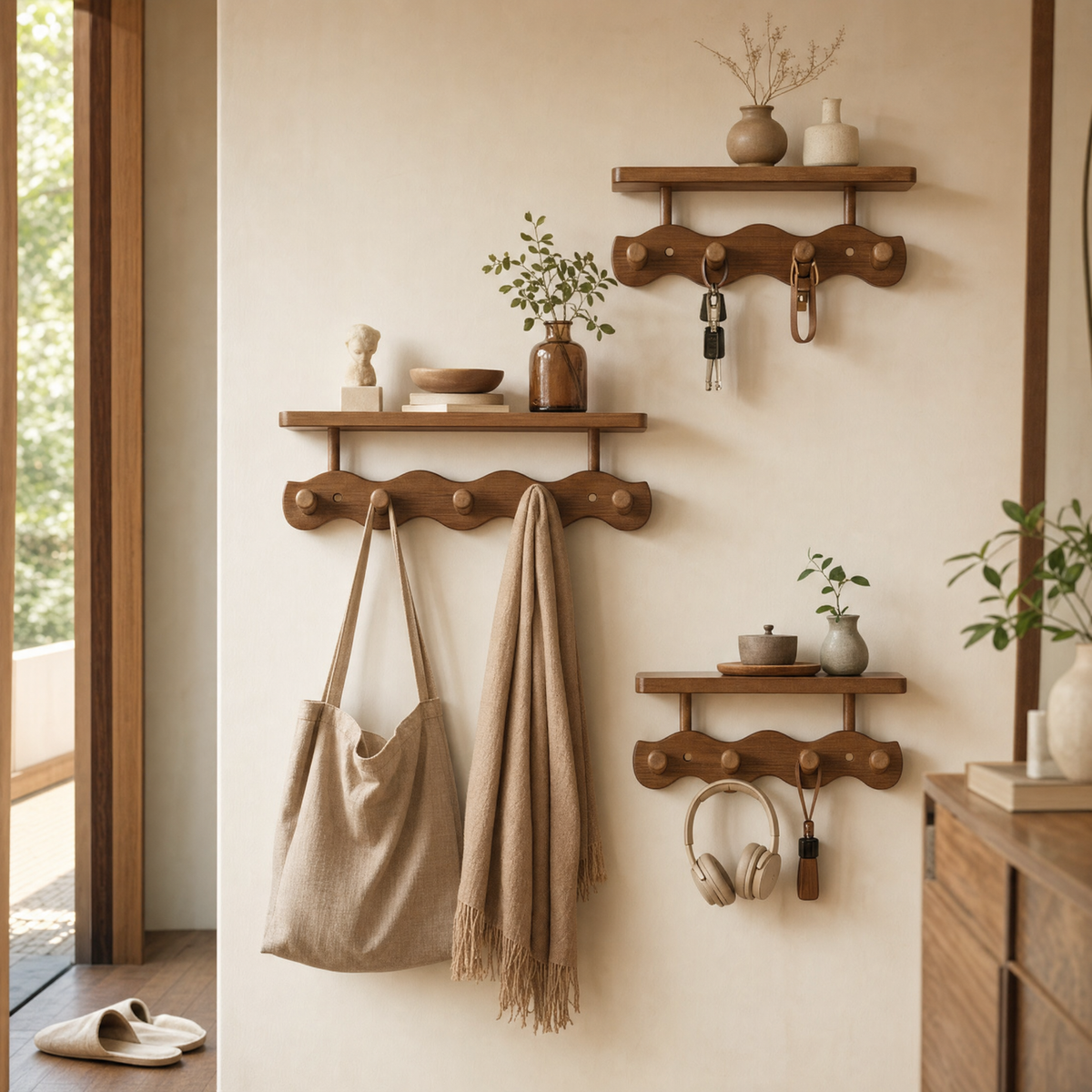 Skyline wavy wooden wall coat rack with shelf