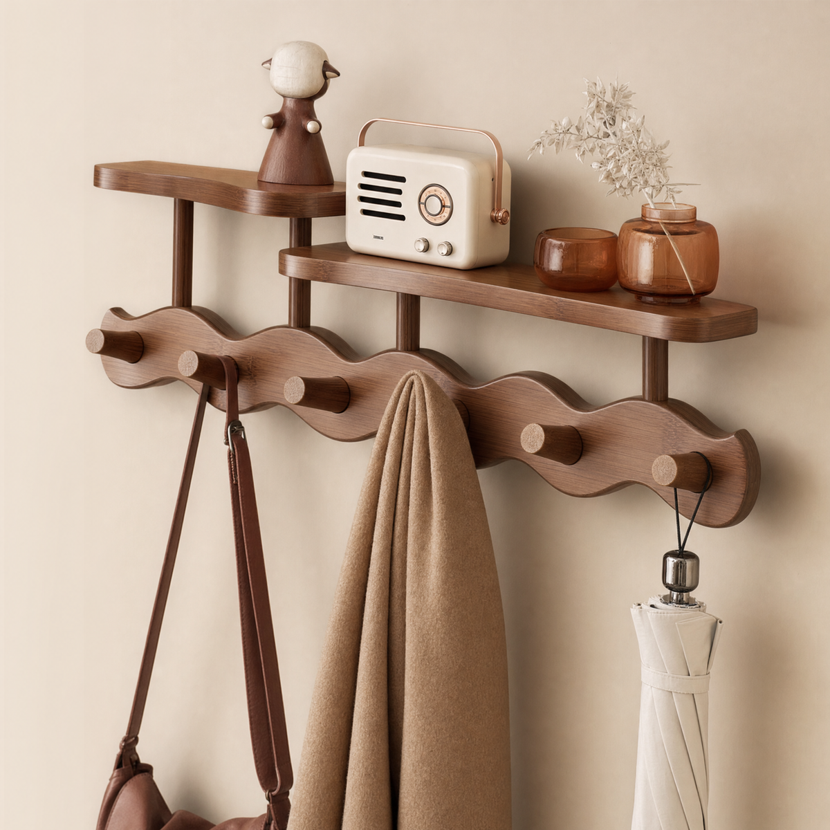 Skyline wavy wooden wall coat rack, view 2