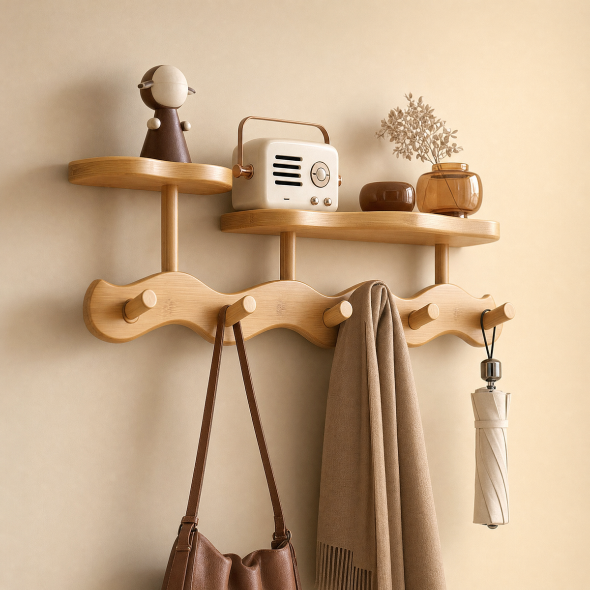Skyline wavy wooden wall coat rack, view 6