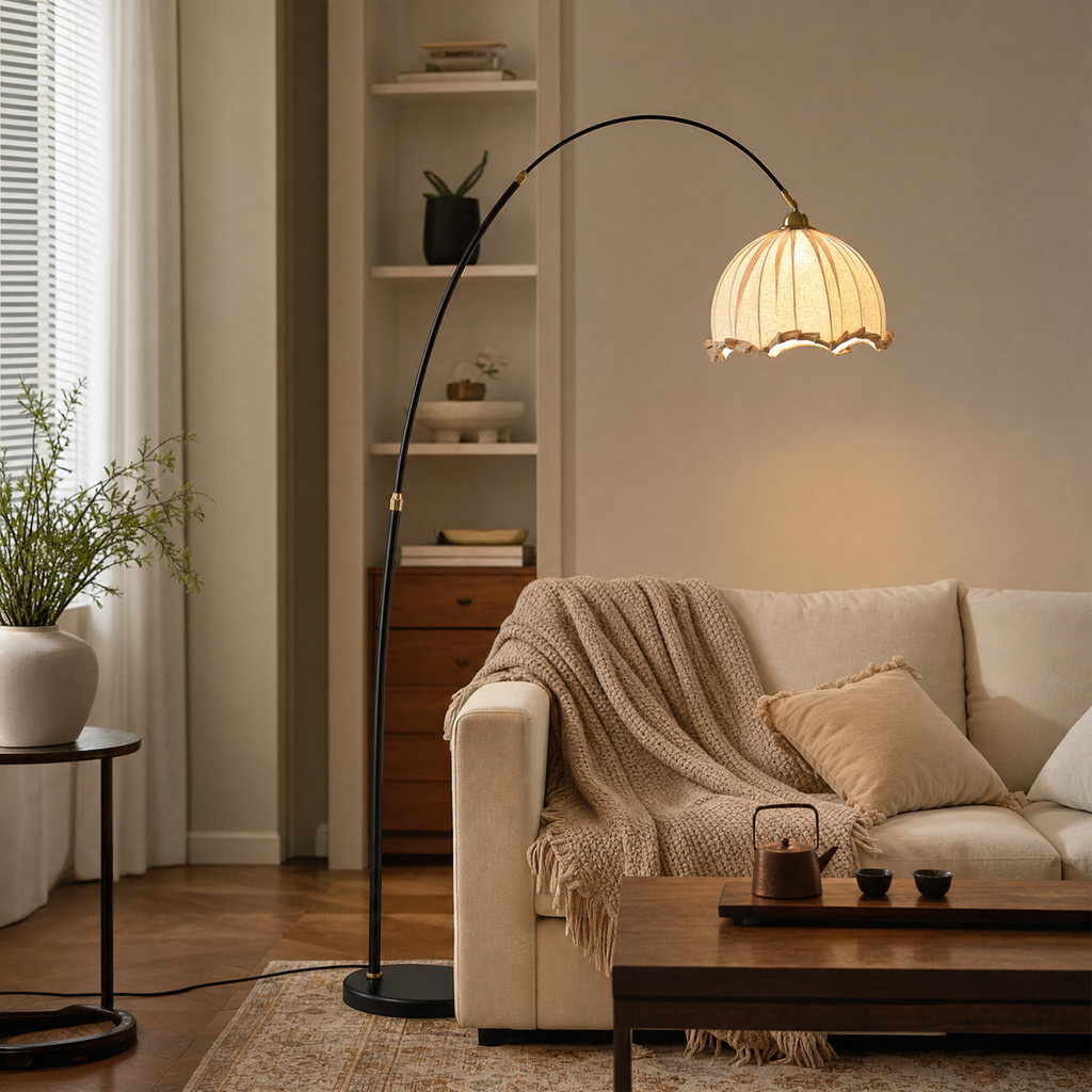 Meridian Arc Floor Lamp with Fabric Shade & Black Metal Frame