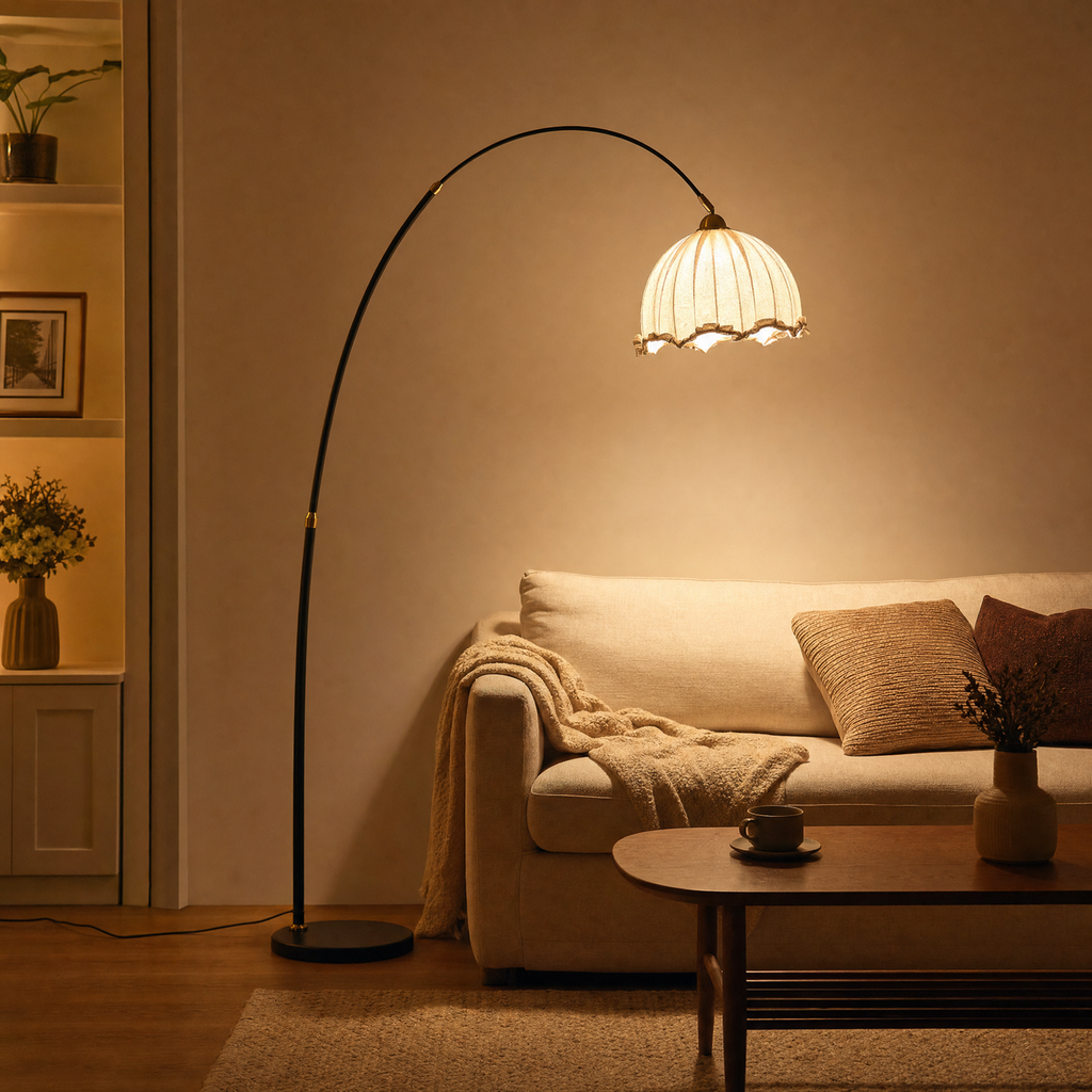 Meridian Arc Floor Lamp with Fabric Shade & Black Metal Frame, view 3
