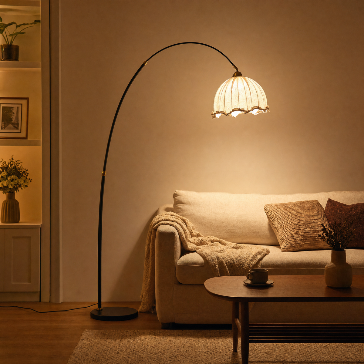 Meridian Arc Floor Lamp with Fabric Shade & Black Metal Frame, view 3
