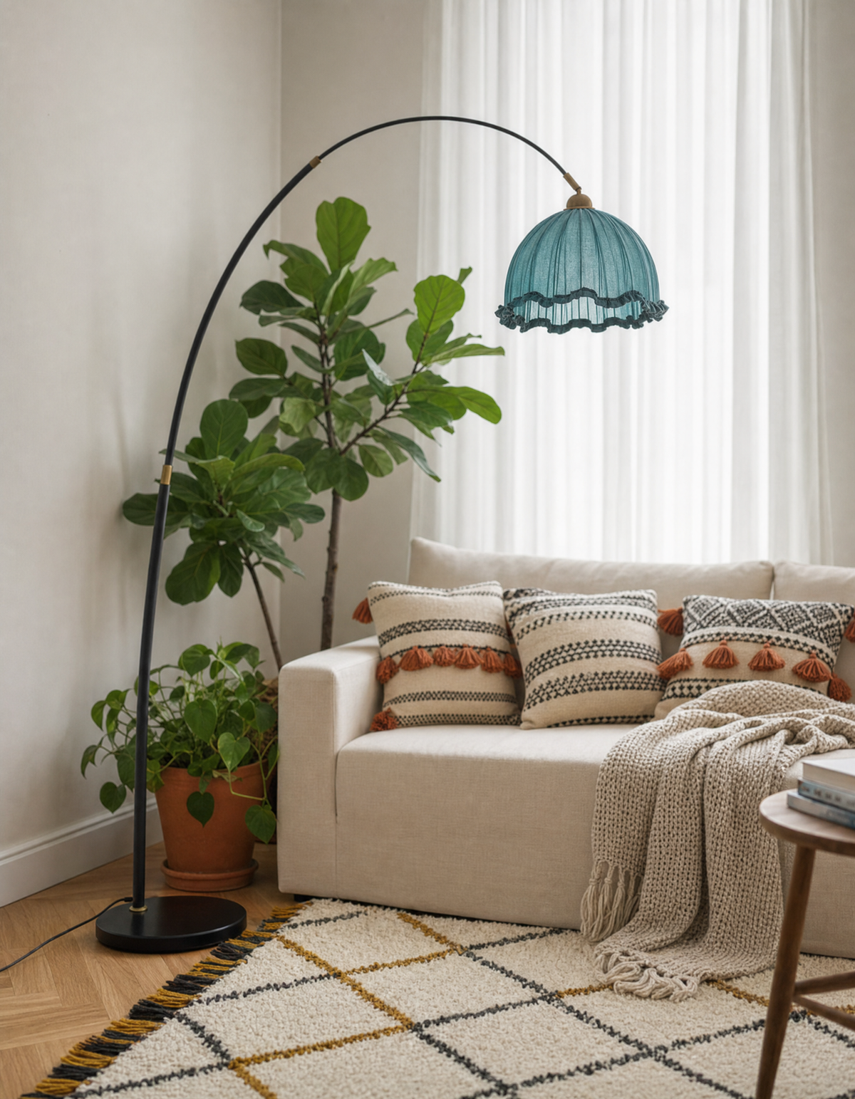 Meridian Arc Floor Lamp with Fabric Shade & Black Metal Frame in Black & Blue