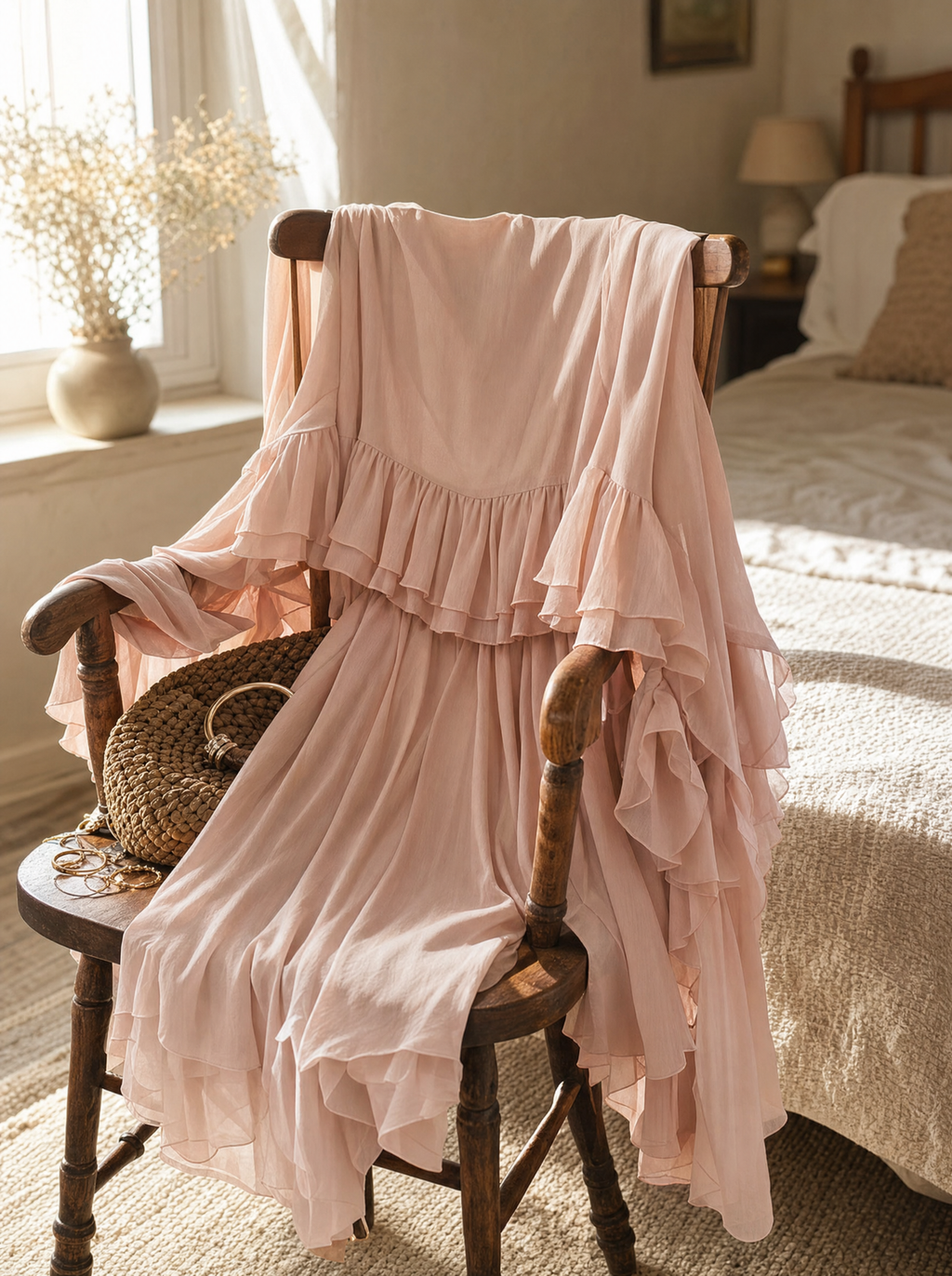 Larkspur women's blush chiffon ruffle dress, view 7
