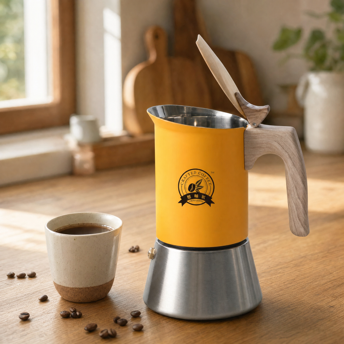 Amberbrew Moka Pot Coffee Maker with Wooden Handle, view 2