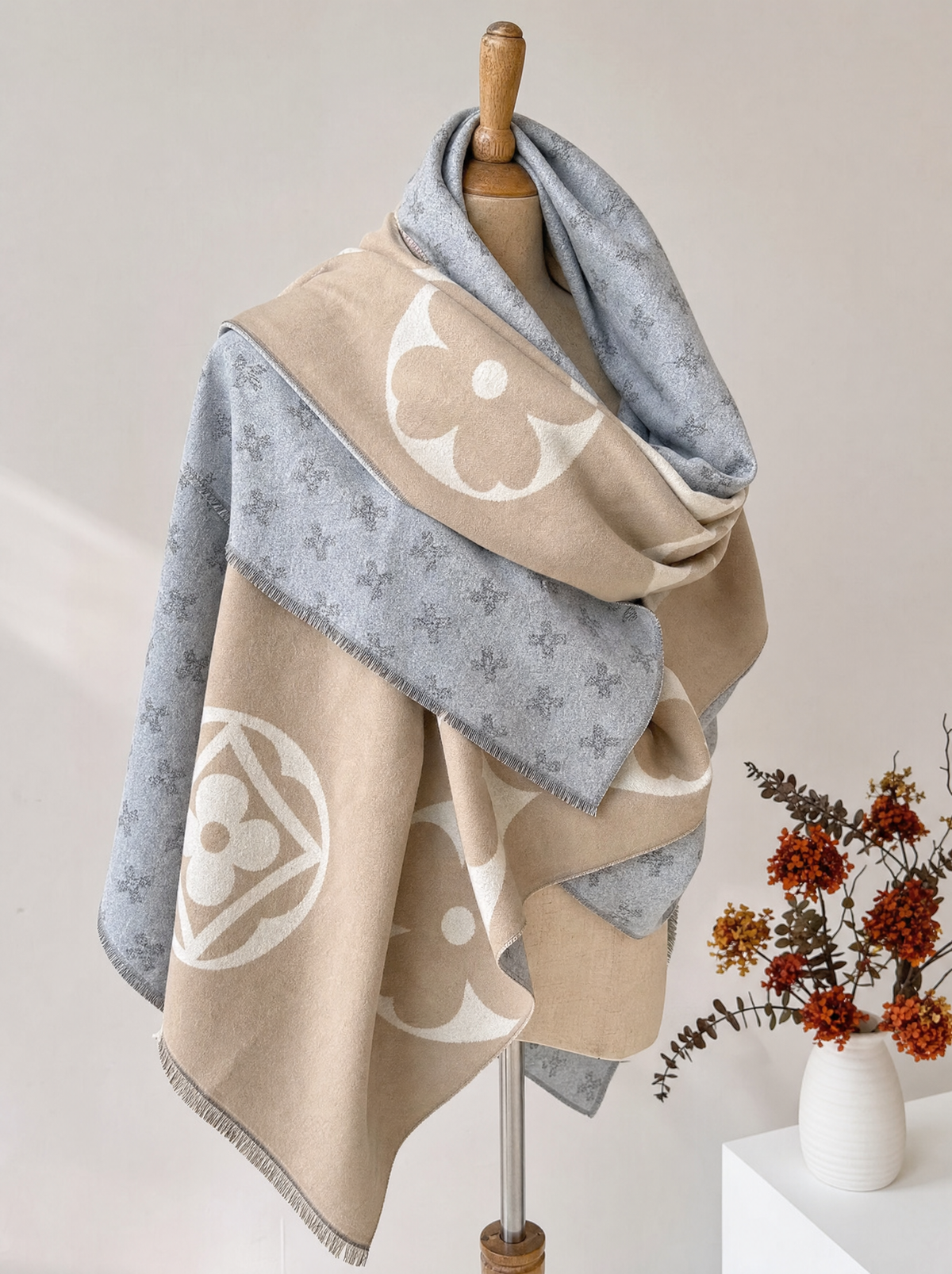 Cassiavale Elegant Faux Cashmere Winter Scarf with Geometric Jacquard Design in Khaki