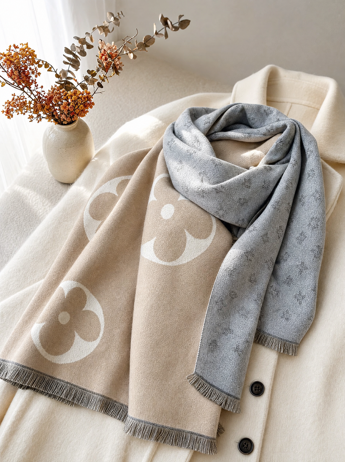 Cassiavale Elegant Faux Cashmere Winter Scarf with Geometric Jacquard Design, view 2
