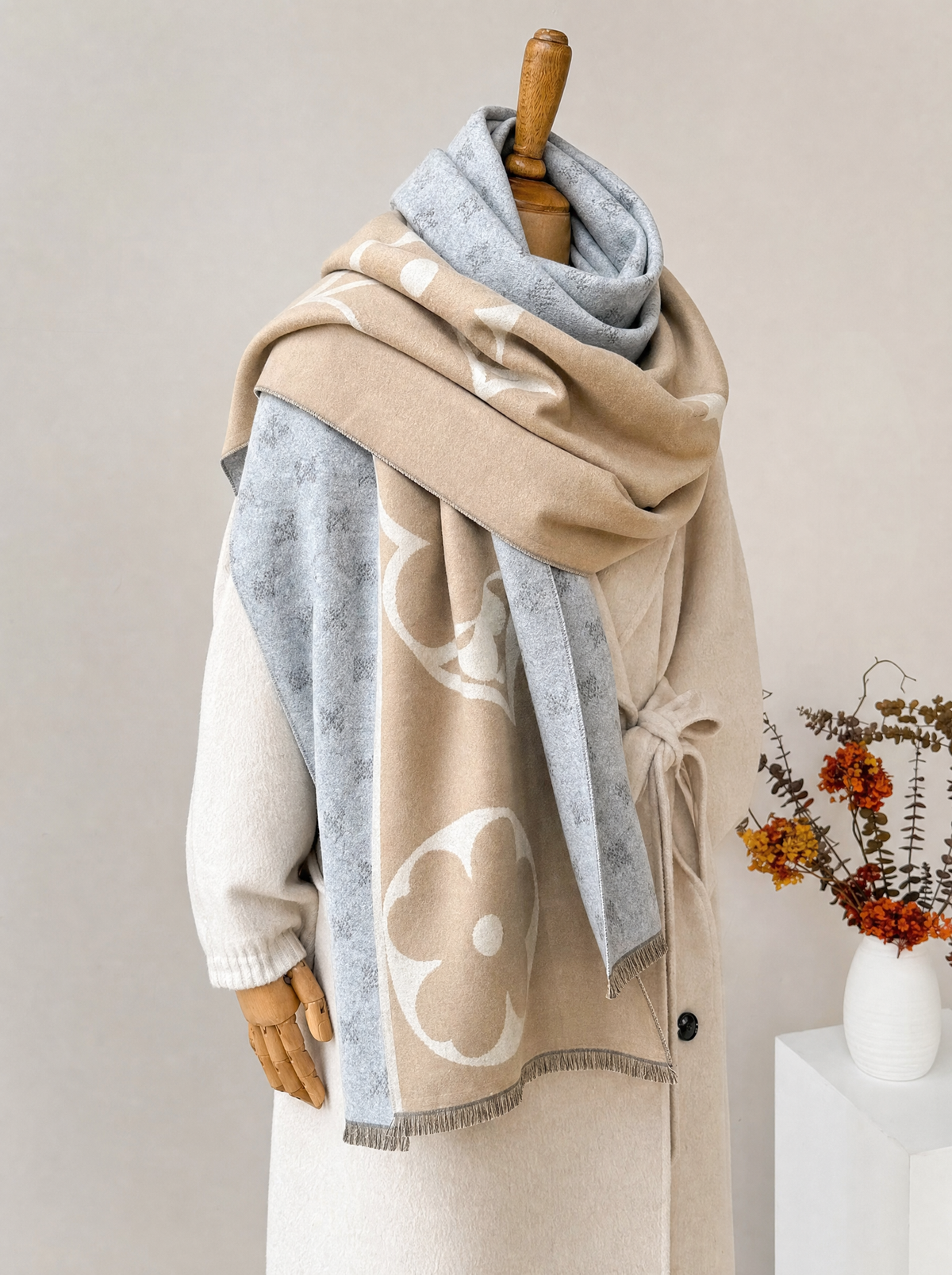 Cassiavale Elegant Faux Cashmere Winter Scarf with Geometric Jacquard Design, view 5