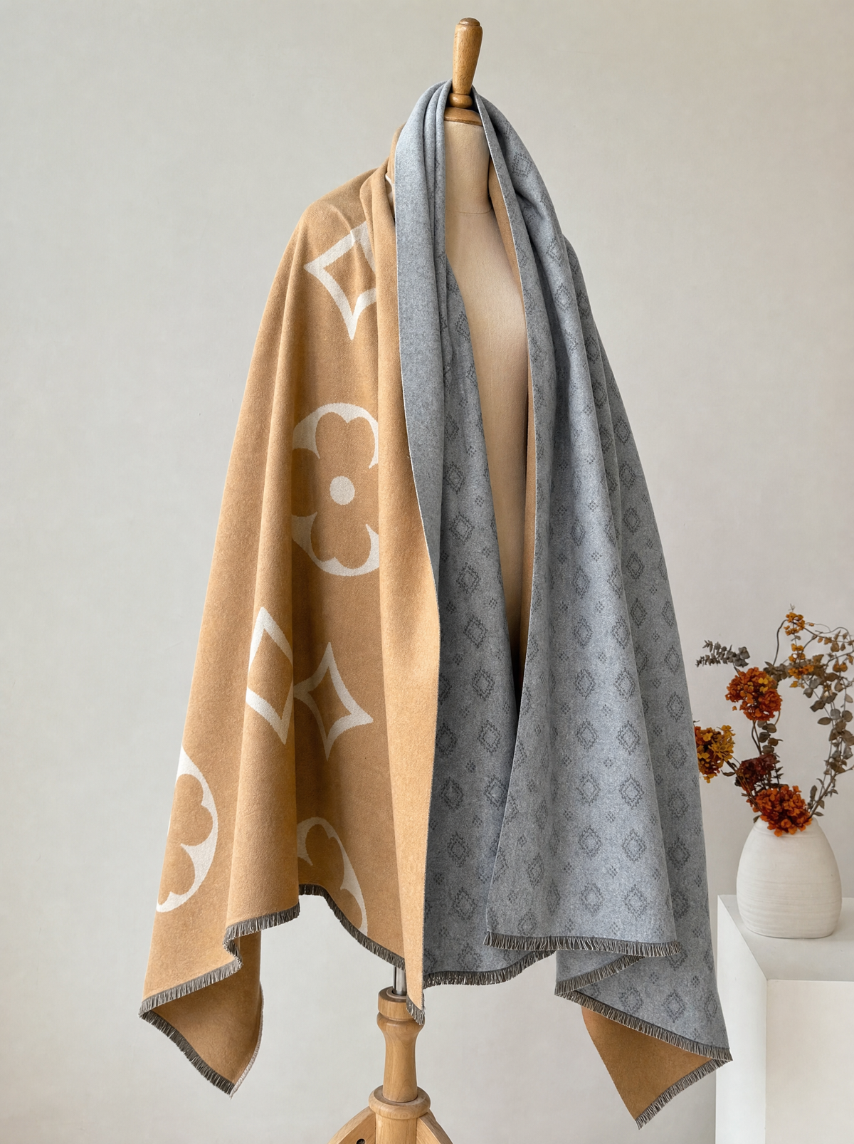 Cassiavale Elegant Faux Cashmere Winter Scarf with Geometric Jacquard Design in Camel