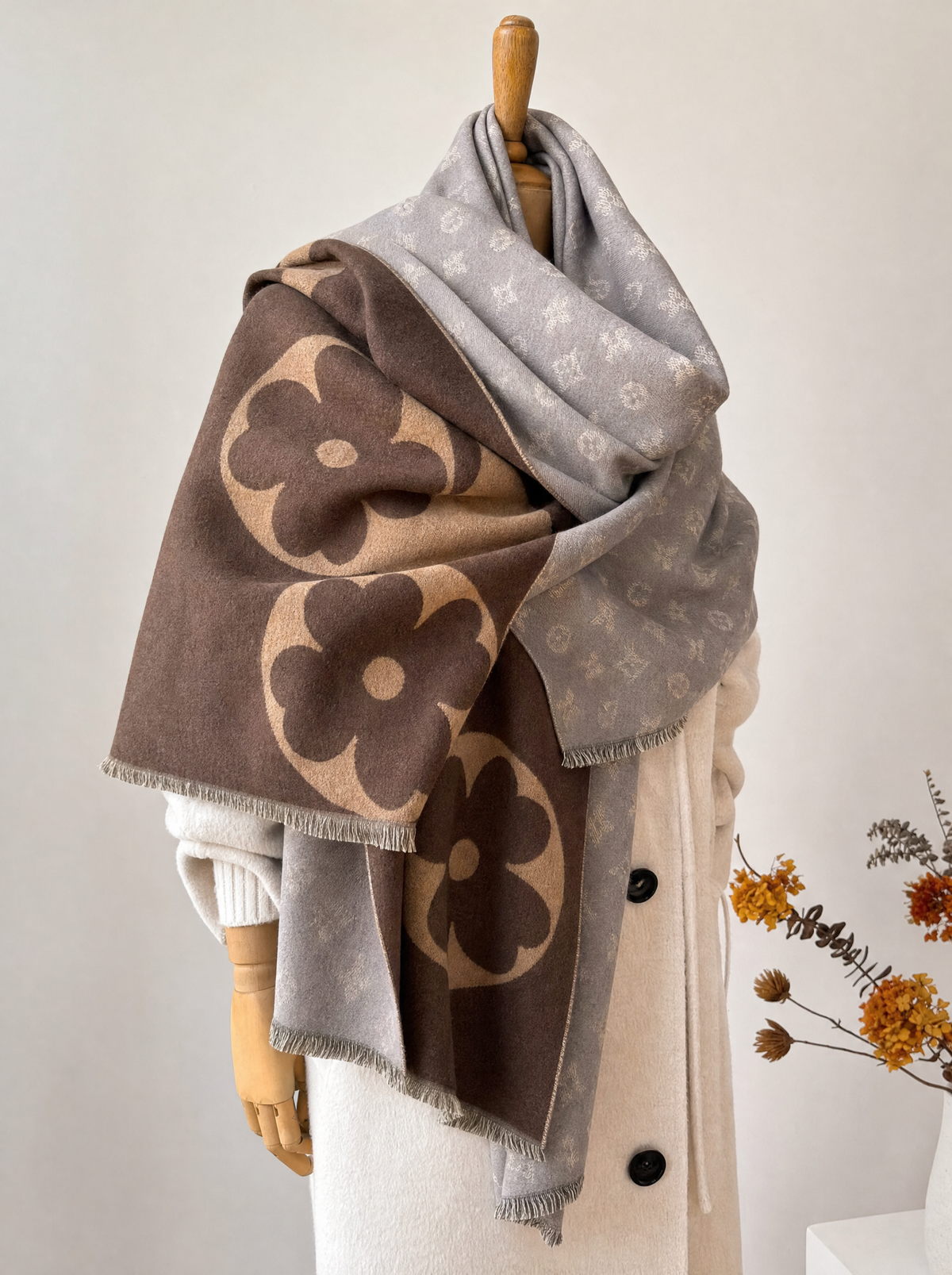 Cassiavale Elegant Faux Cashmere Winter Scarf with Geometric Jacquard Design in Coffee