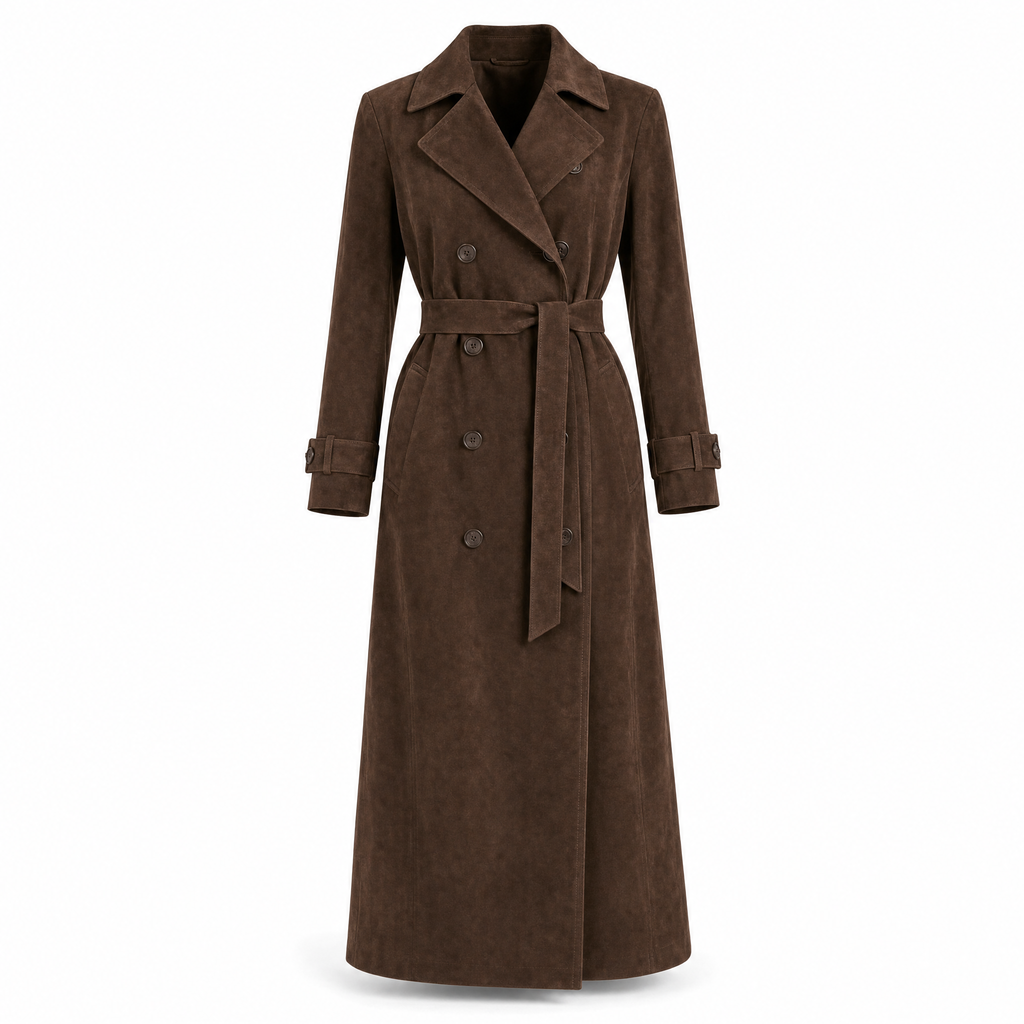 Belgravia women's long faux suede trench coat in Coffee