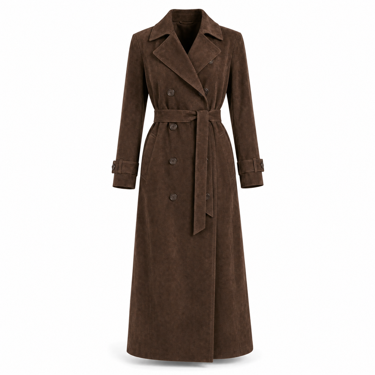Belgravia women's long faux suede trench coat in Coffee