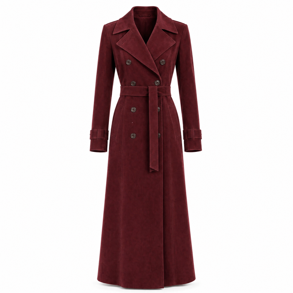 Belgravia women's long faux suede trench coat in Cabernet