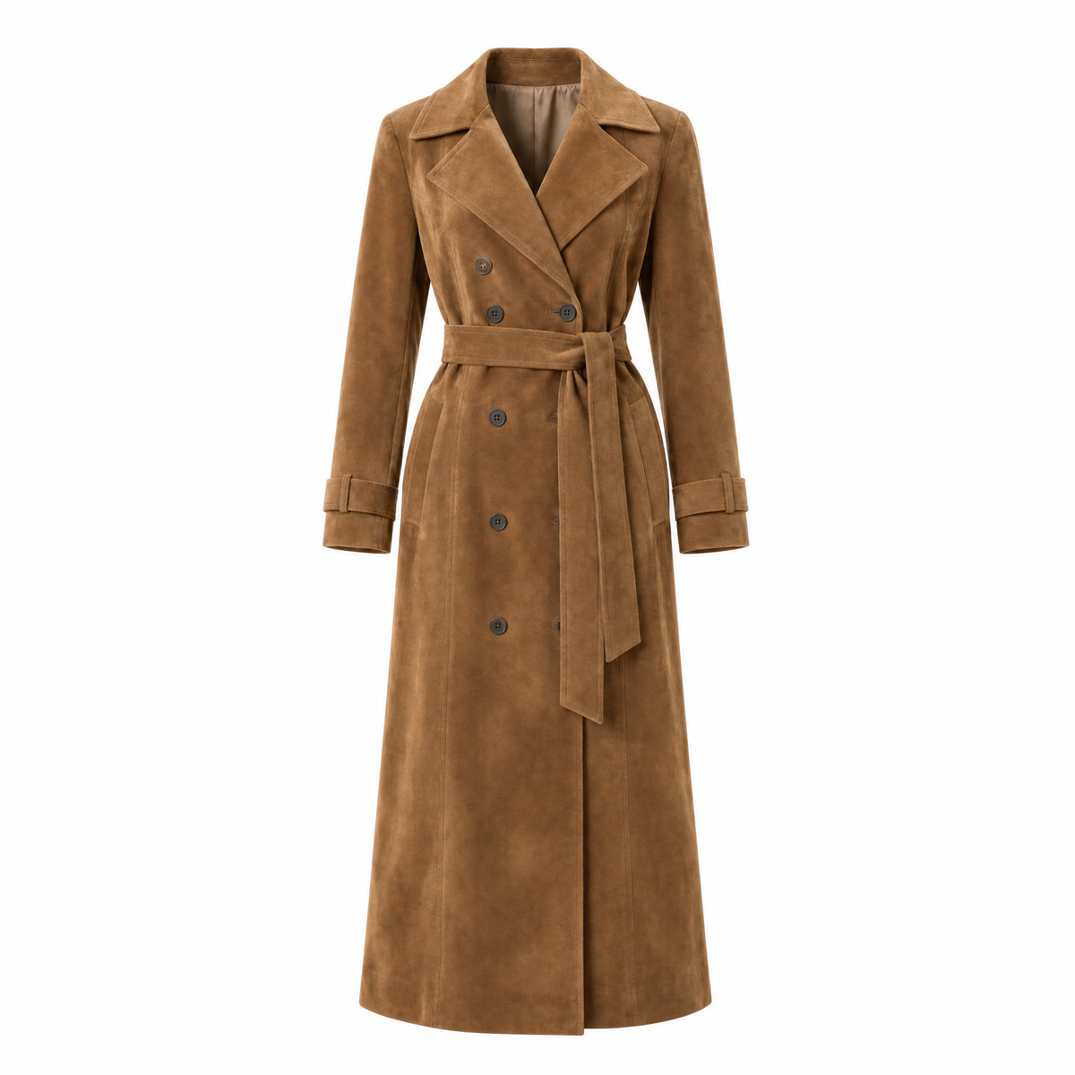 Belgravia women's long faux suede trench coat in Dark Brown