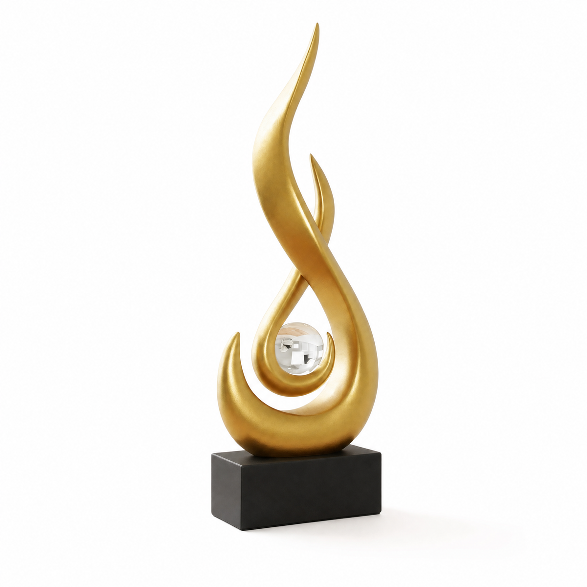 Emberform Abstract Gold Flame Sculpture with Crystal Ball Accent, view 3