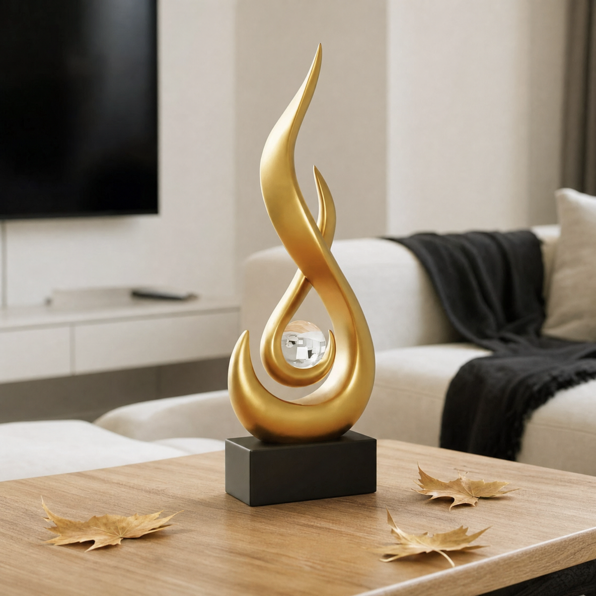 Emberform Abstract Gold Flame Sculpture with Crystal Ball Accent in Gold