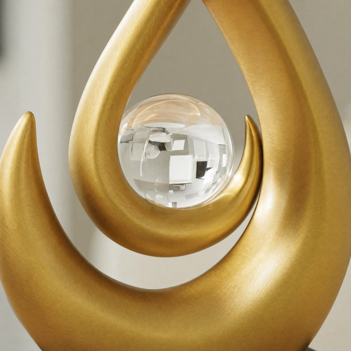Emberform Abstract Gold Flame Sculpture with Crystal Ball Accent, view 2
