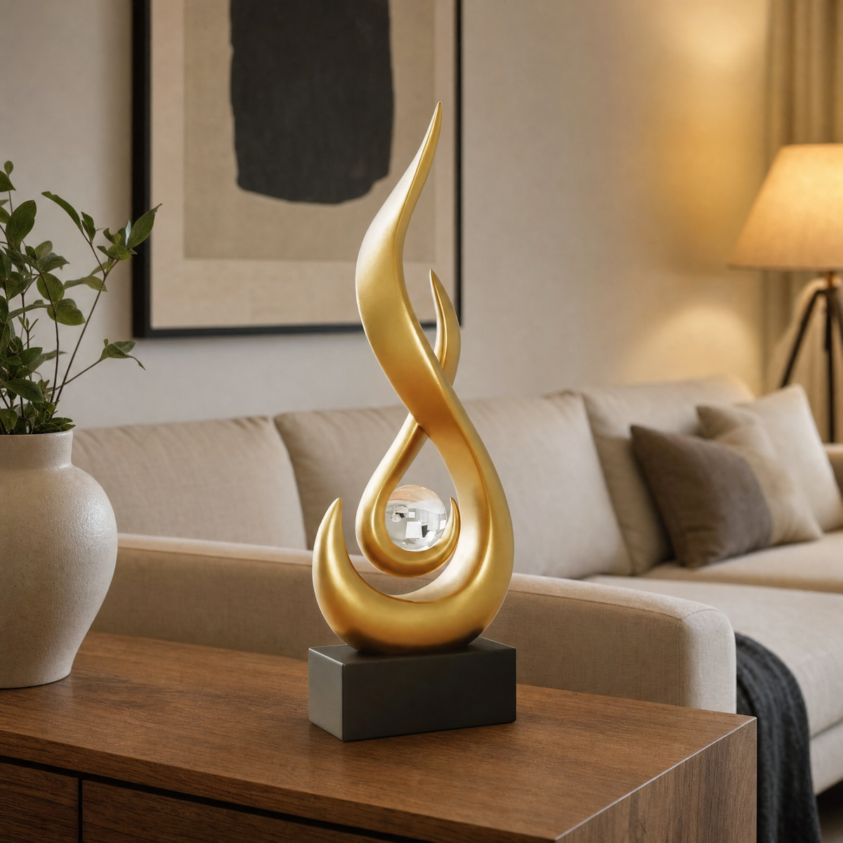 Emberform Abstract Gold Flame Sculpture with Crystal Ball Accent