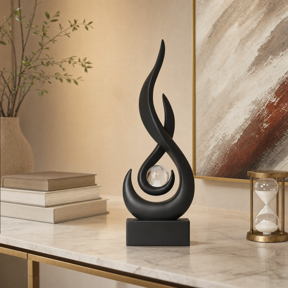 Emberform Abstract Gold Flame Sculpture with Crystal Ball Accent in Black